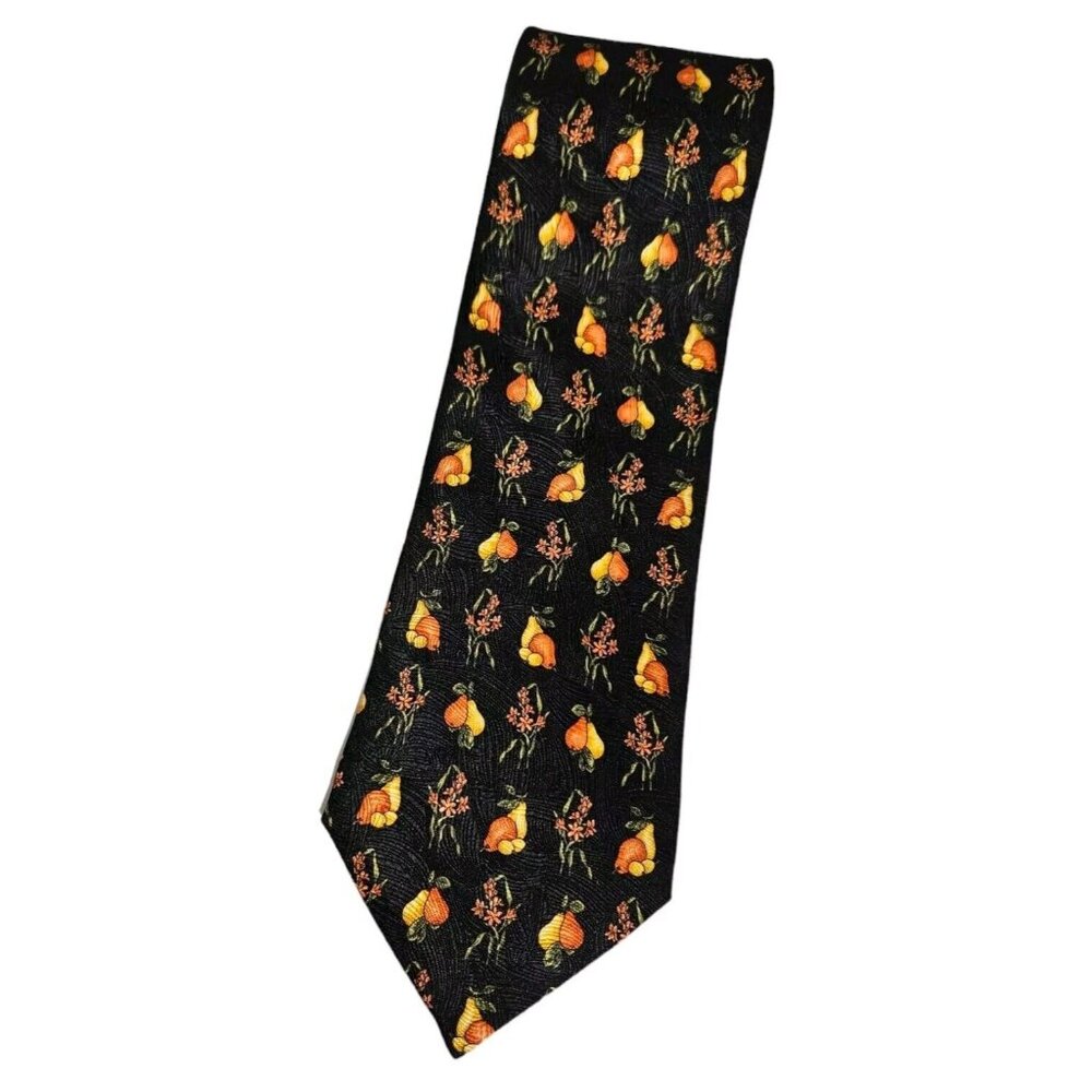 DORMEUIL Men's 100% Silk Necktie LUXURY Tie Black Fruit Flower W:3.7" EUC